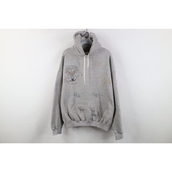 Vintage 80s 90s Mens XL Puff Paint Dot Wolf Nature Hoodie Sweatshirt Gray USA